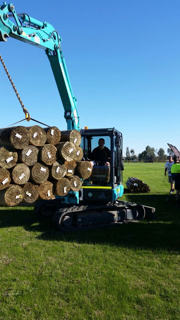 A crane is lifting a pile of logs in a field.