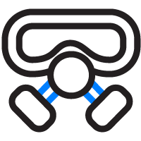 A black and white icon of a scuba mask on a white background.
