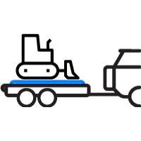 A bulldozer is being towed by a truck on a trailer.