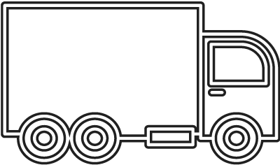 A black and white drawing of a delivery truck on a white background.