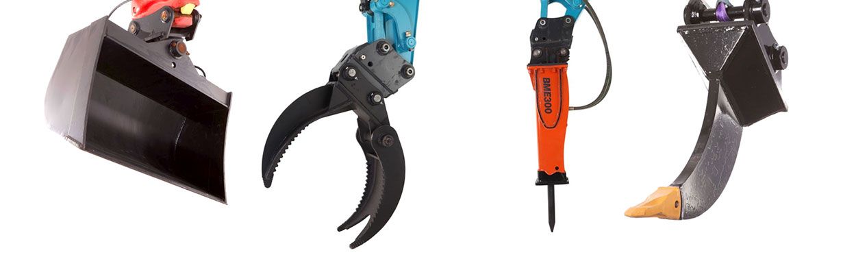 A bucket , claw , and hammer are shown on a white background.