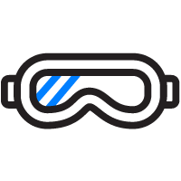 A pair of goggles with a blue stripe on the lenses.