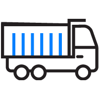 A black and blue icon of a dump truck on a white background.