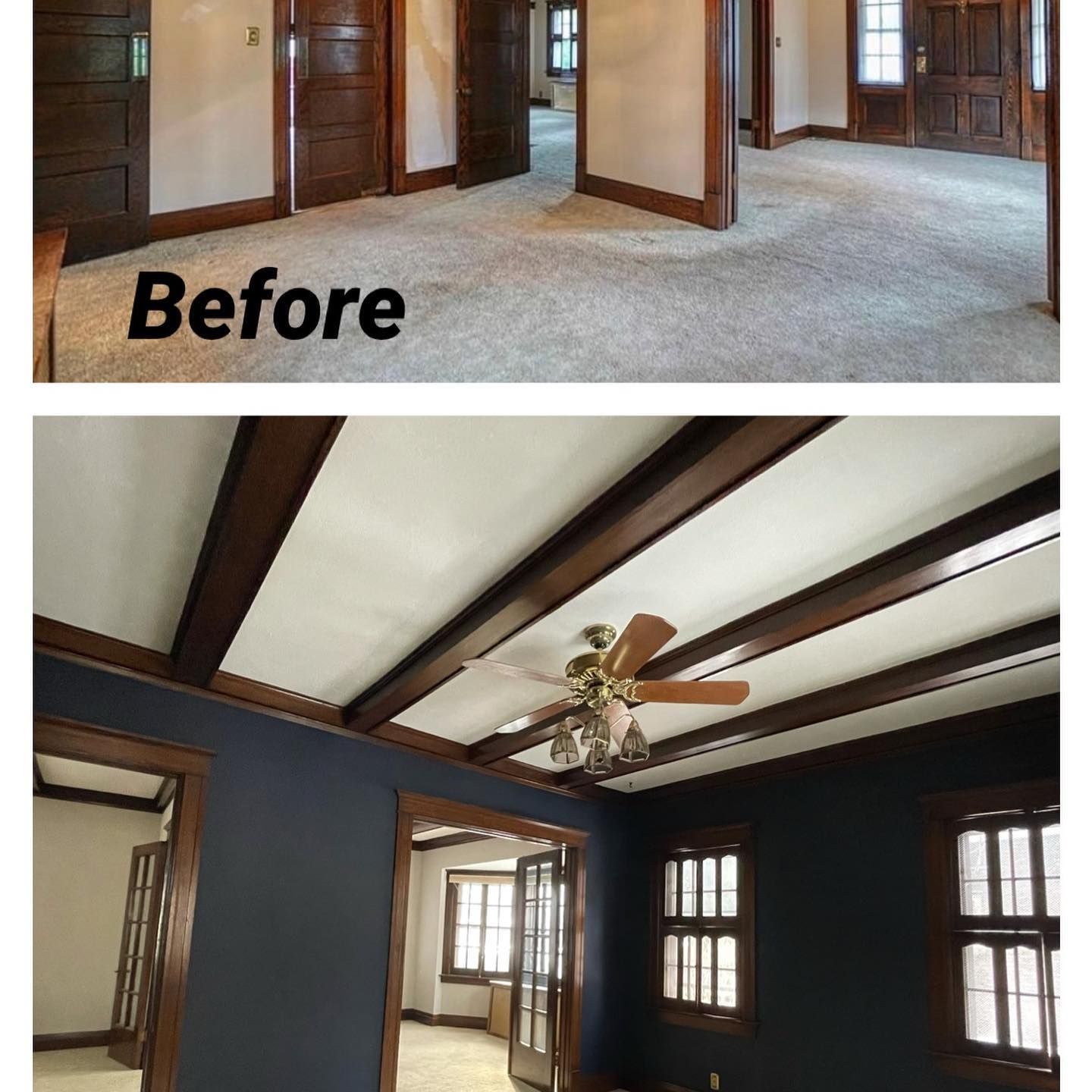 A before and after photo of a room with a ceiling fan