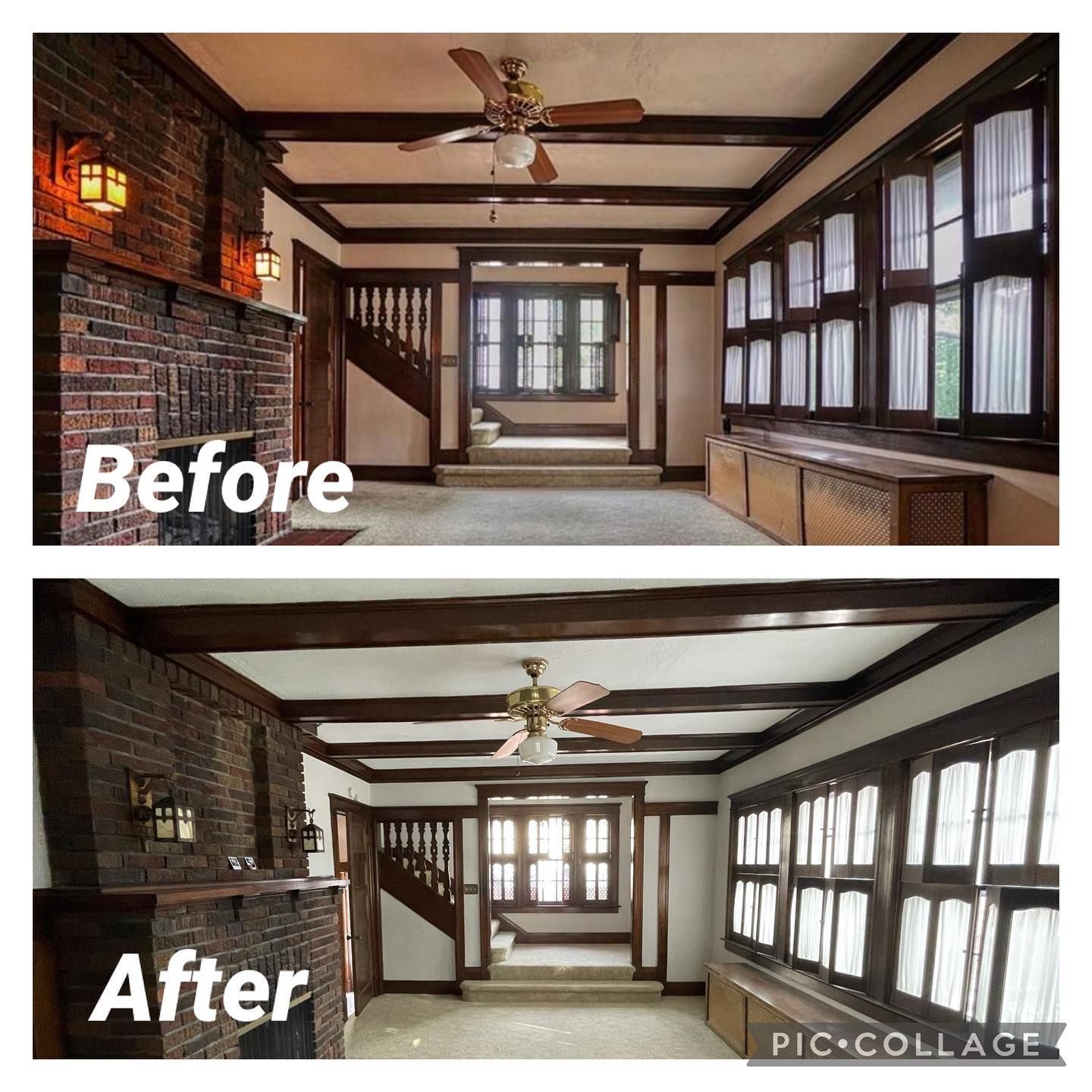 A before and after photo of a living room with a ceiling fan