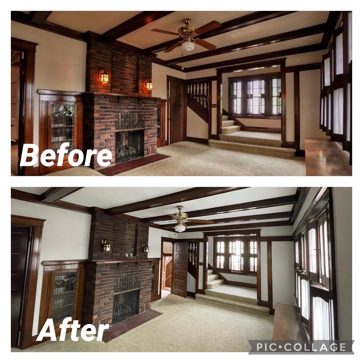 A before and after photo of a living room with a fireplace