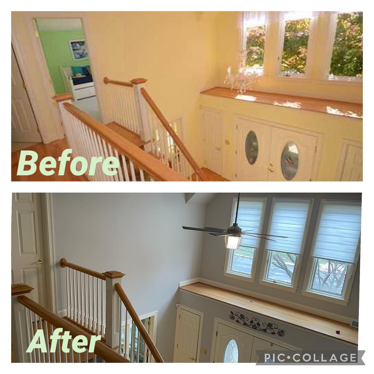 A before and after picture of a staircase with a ceiling fan