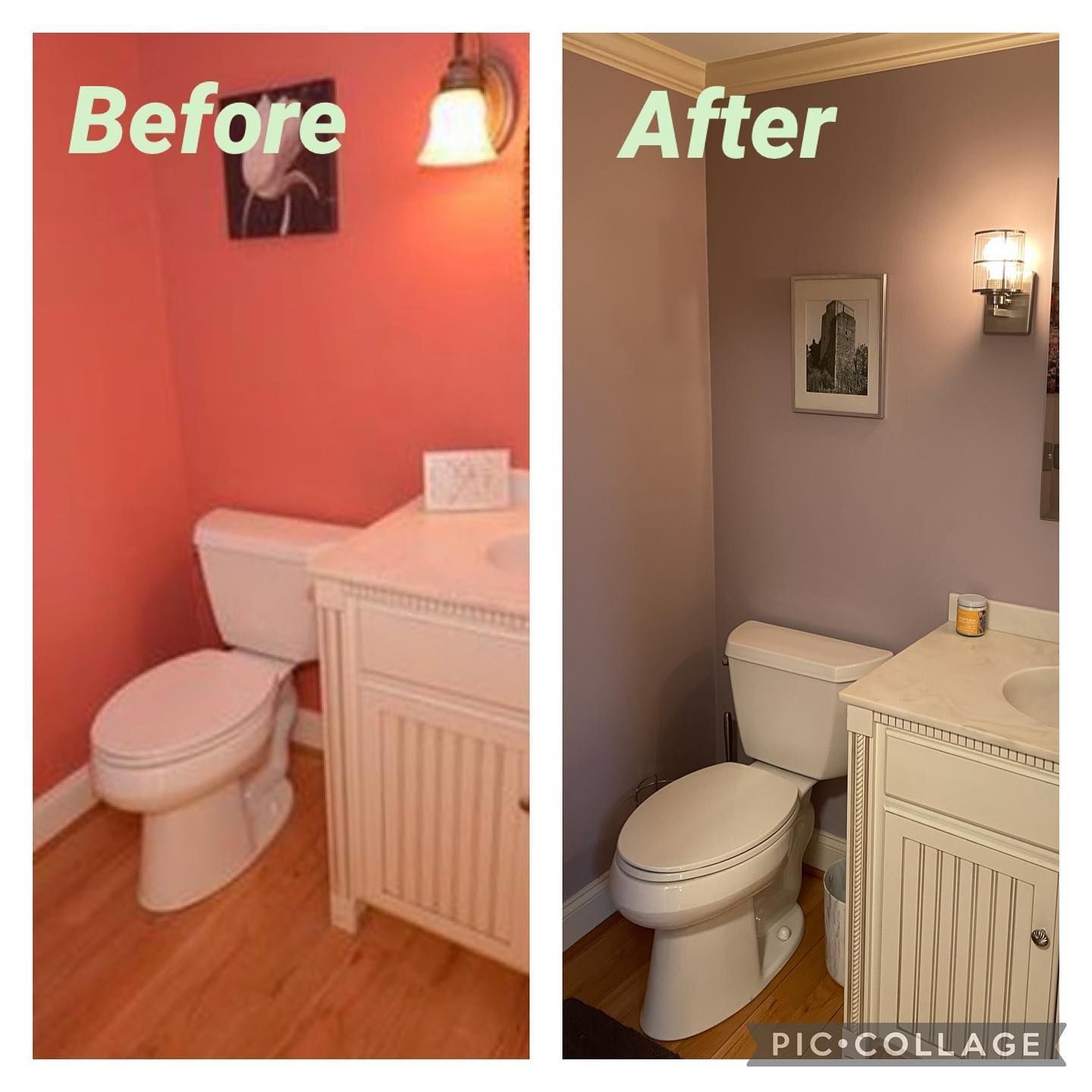 A before and after photo of a bathroom with pink walls