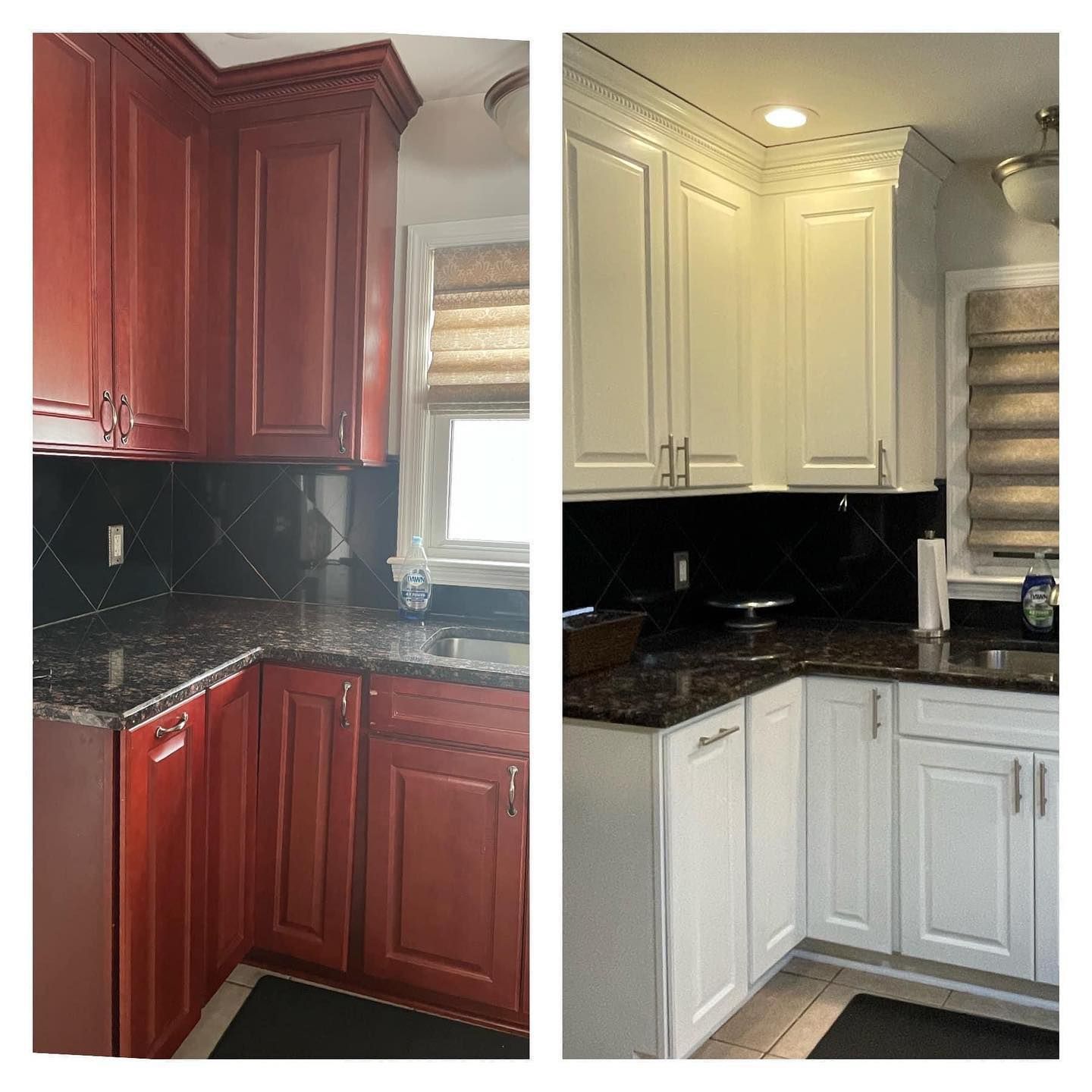 A before and after photo of a kitchen with red cabinets and white cabinets.