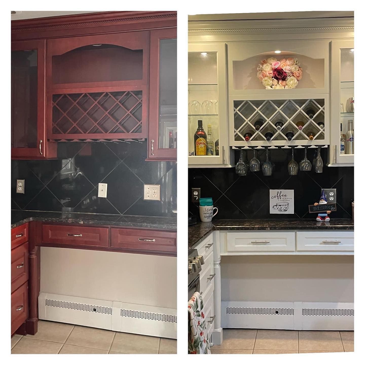 A before and after photo of a kitchen with a wine rack