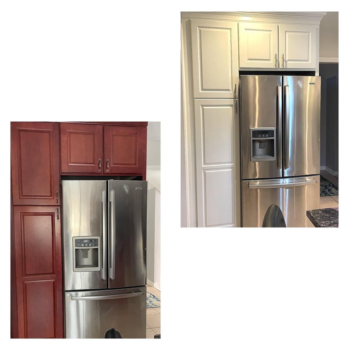 A before and after picture of a stainless steel refrigerator in a kitchen.