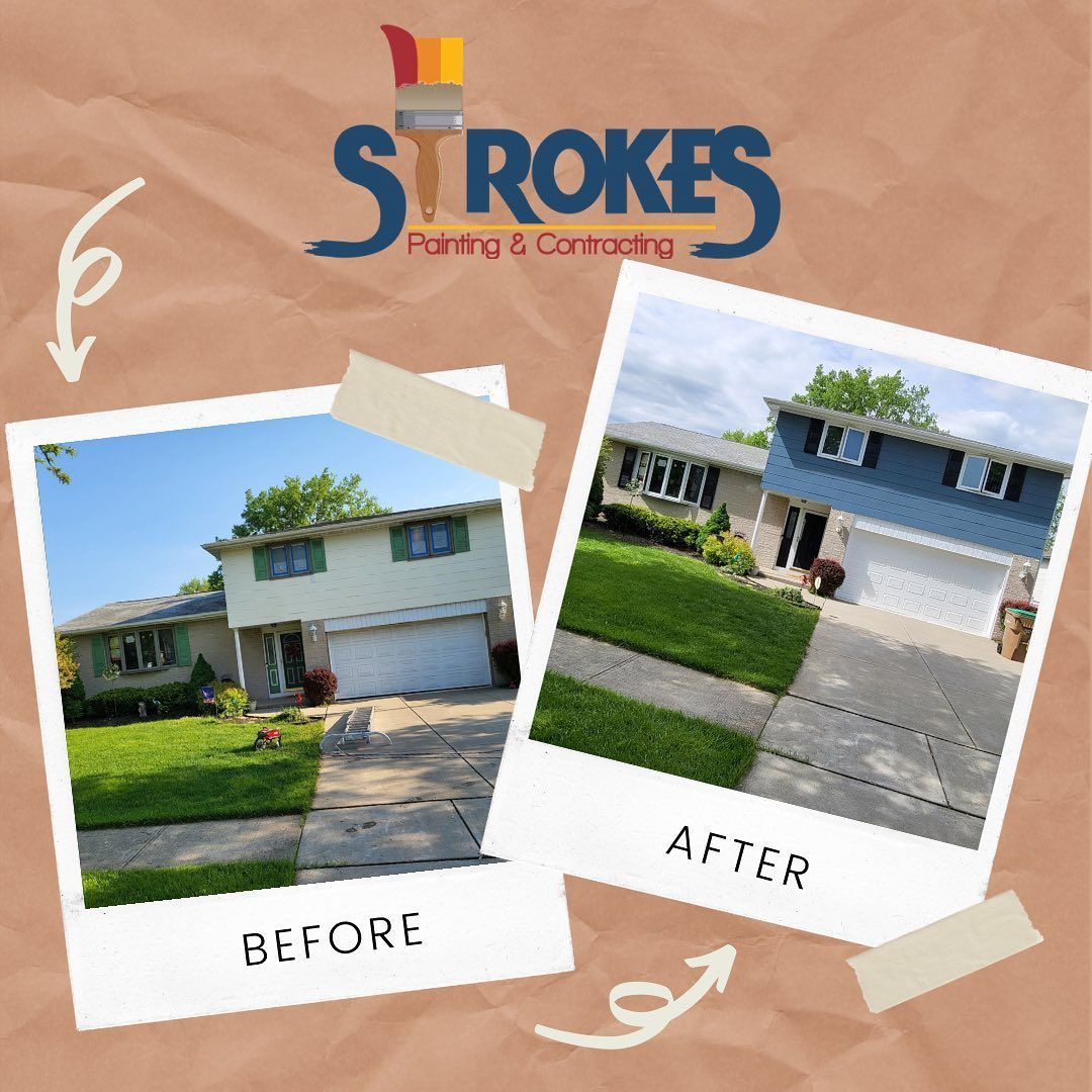 A before and after picture of a house painted by strokes painting and contracting