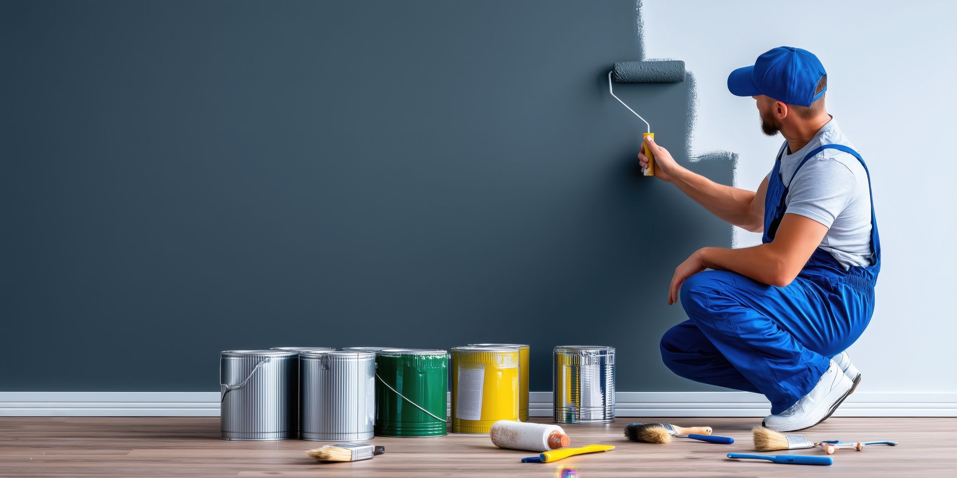A painter in blue overalls rolling gray paint on a wall near paint cans.
