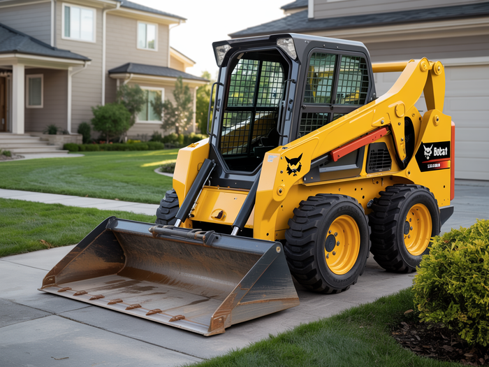 A yellow Bobcat skid-steer loader with a metal bucket parked on a residential driveway in front of a house.