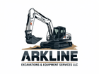 Logo for Arkline Excavations & Equipment Services LLC, featuring a white and black excavator on a patch of dirt.