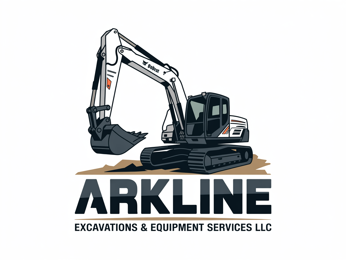 Logo for Arkline Excavations & Equipment Services LLC, featuring a white and black excavator on a patch of dirt.