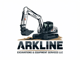 Logo for Arkline Excavations & Equipment Services LLC, featuring a white and black excavator on a patch of dirt.