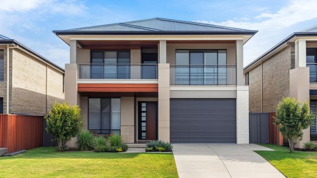 Modern two-story suburban house with a gray garage, front balcony, and green lawn