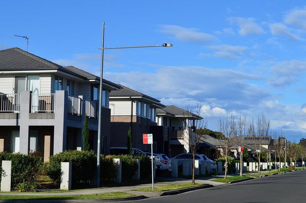 Residential street with modern houses, parked cars, and a blue sky on a sunny day