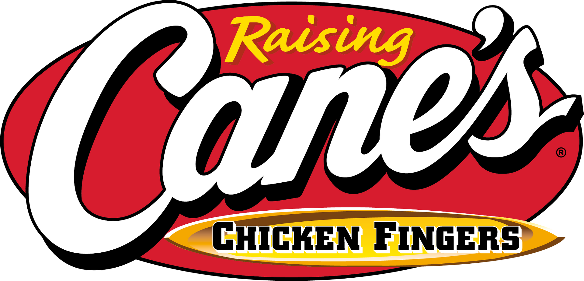 A red and white logo for raising cane 's chicken fingers