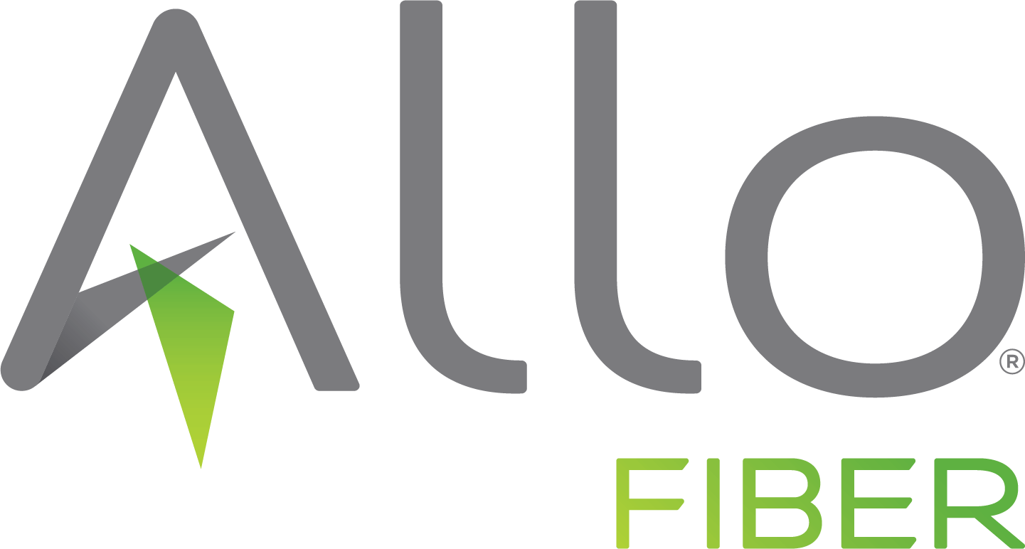 The logo for allo fiber is gray and green with a green arrow.