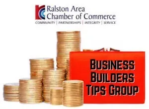 A stack of gold coins next to a red sign that says business builders tips group
