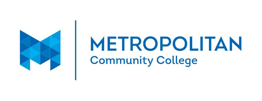The logo for metropolitan community college is blue and white.