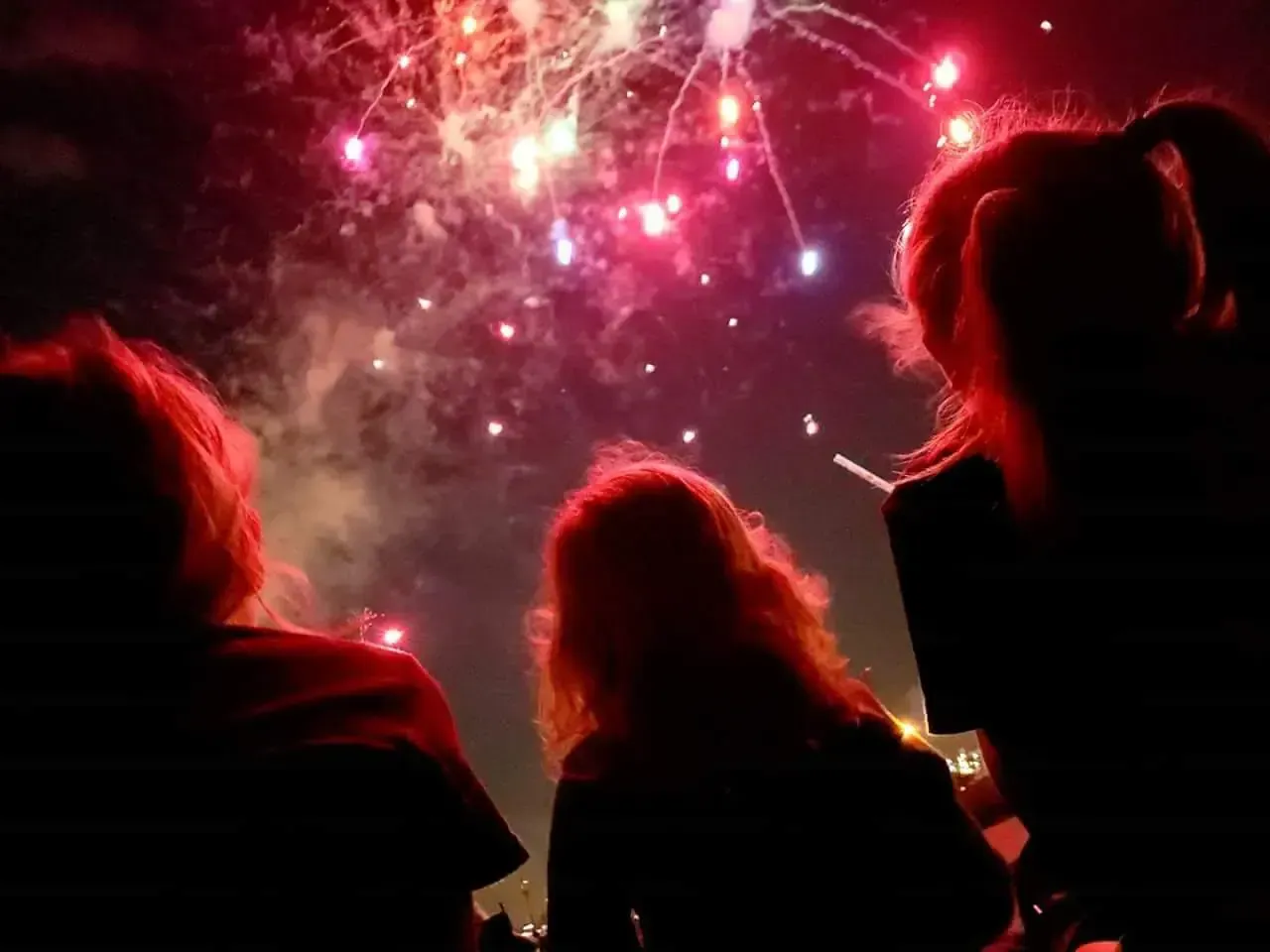 A group of people are watching fireworks in the night sky.