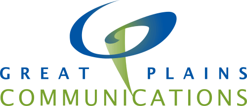 A blue and green logo for great plains communications