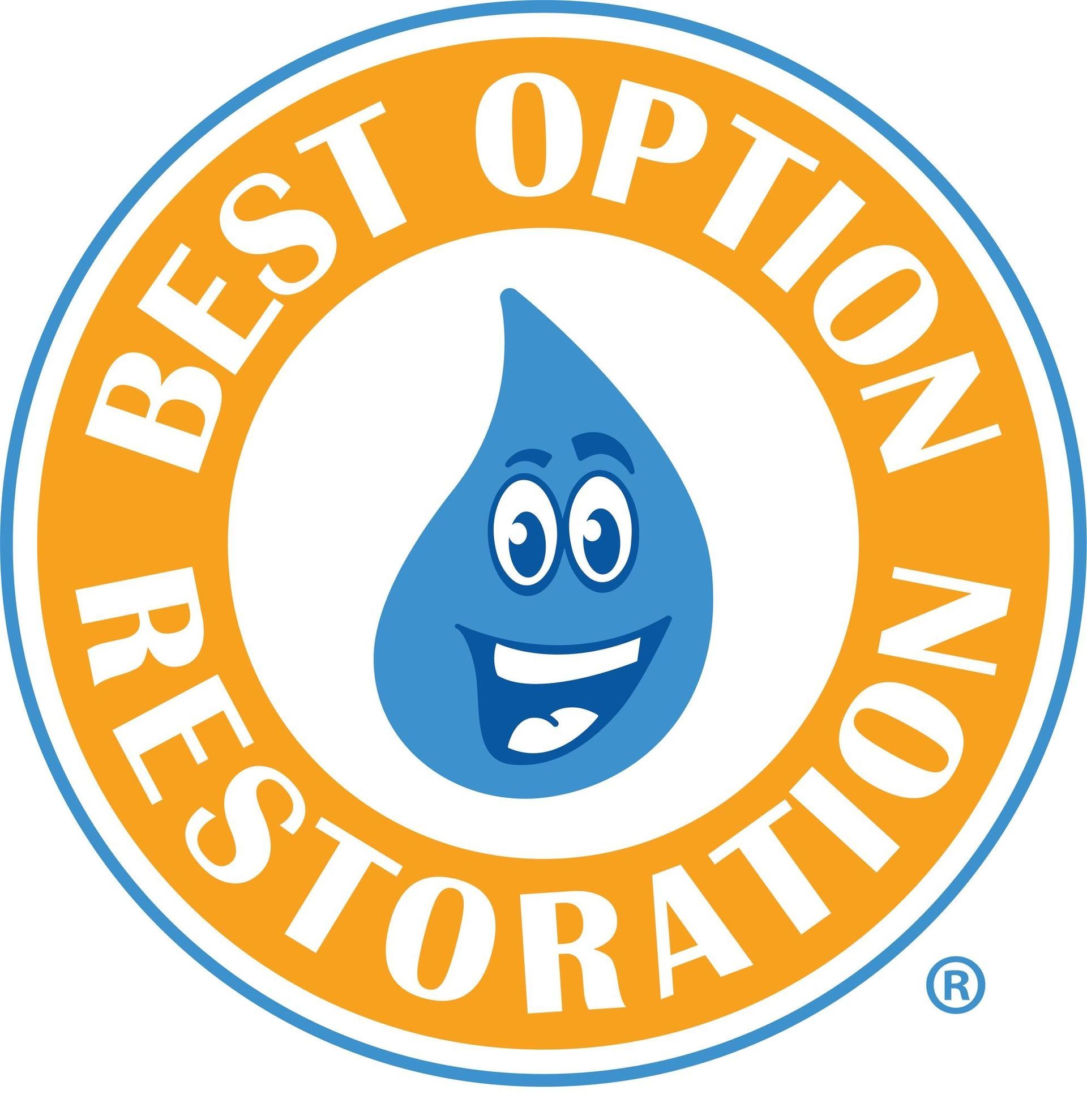 Logo: Orange and blue circle, "BEST OPTION RESTORATION" surrounds smiling water droplet.