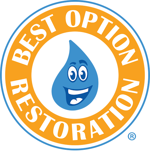Logo for Best Option Restoration: Orange and blue circle with a smiling blue water droplet; white text.