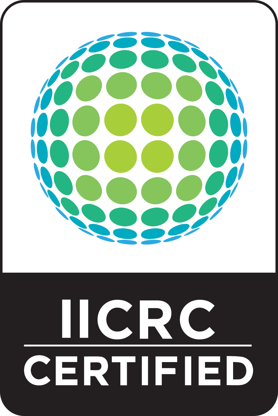 IICRC Certified logo: blue and green sphere over a black rectangle with 