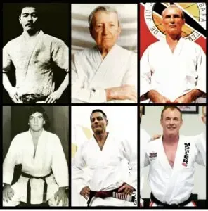 A collage of six pictures of men in white karate uniforms