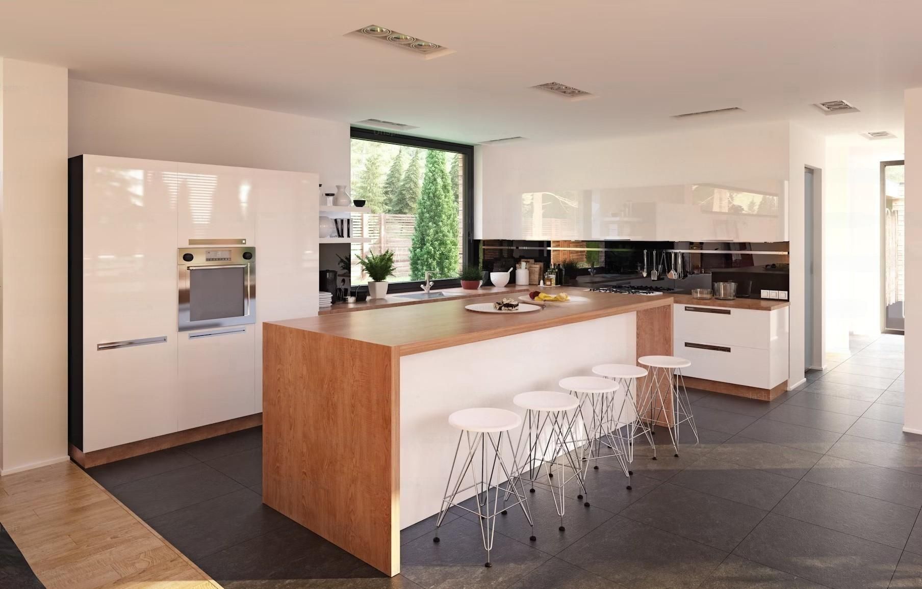a kitchen with a large island and stools