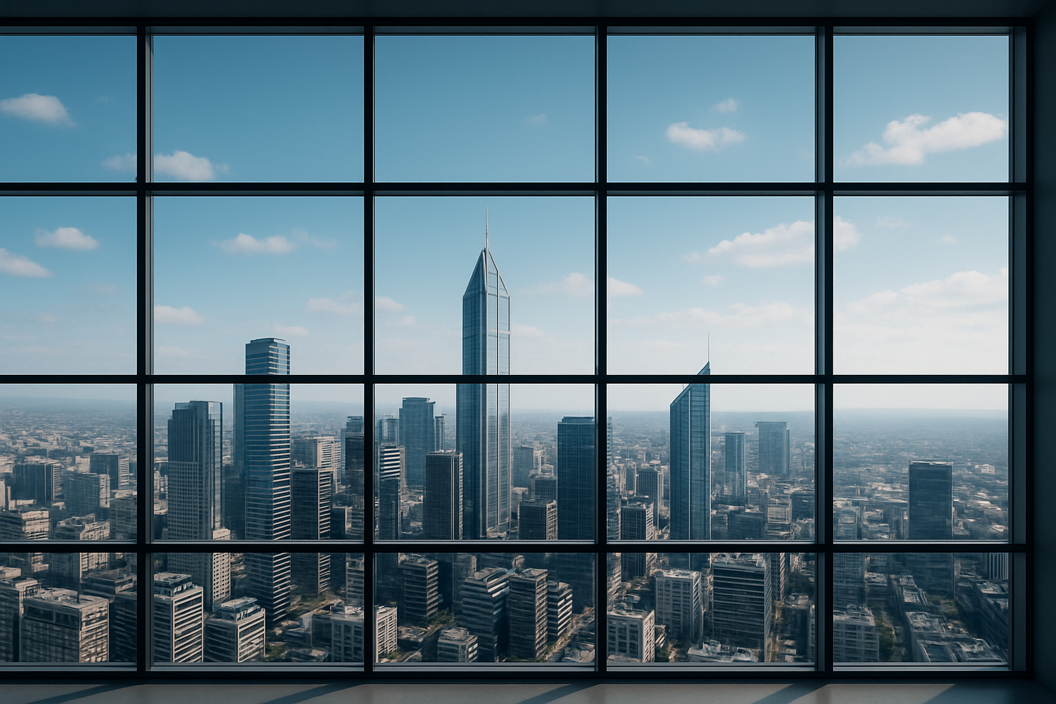 Uma janela com pain&eacute;is quadriculados oferece vista para um horizonte urbano denso e ensolarado, repleto de arranha-c&eacute;us.