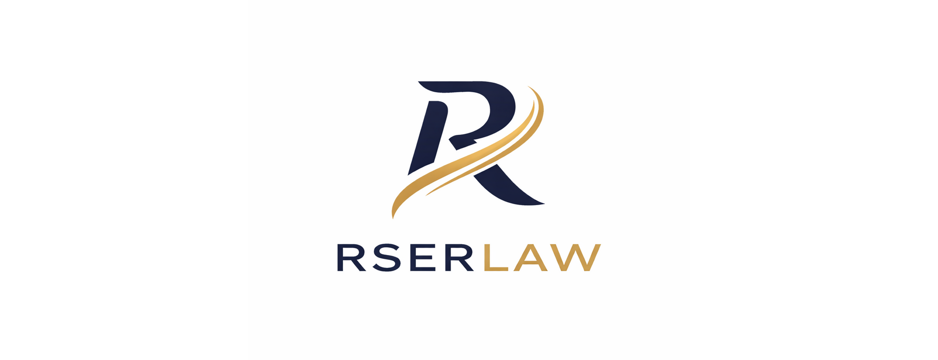 O logotipo da RSERLAW apresenta uma letra "R" estilizada em azul-marinho escuro, atravessada por uma faixa dourada acima do texto "RSERLAW".