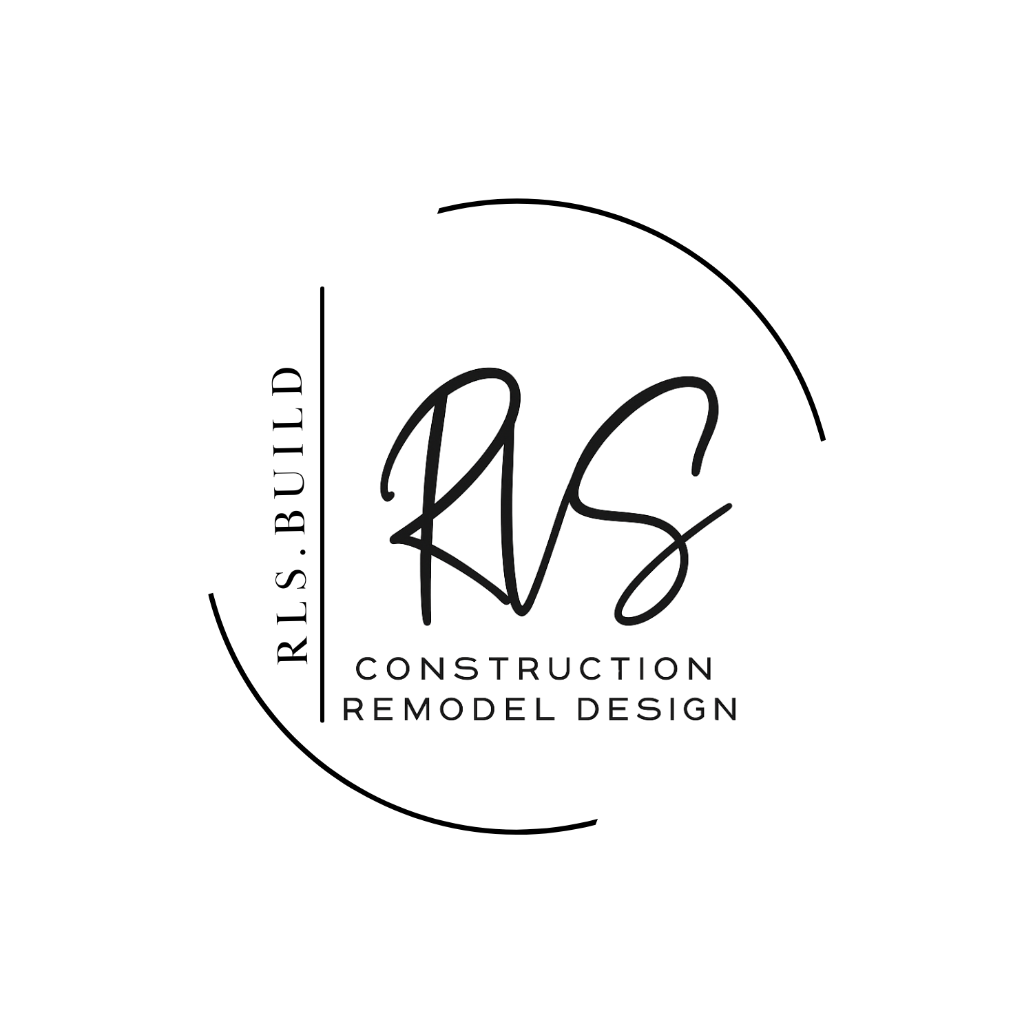 Logo with blue, yellow, and red circle. Three upward pointing arrows with "RLS" text. "Construction Remodel Design" below.