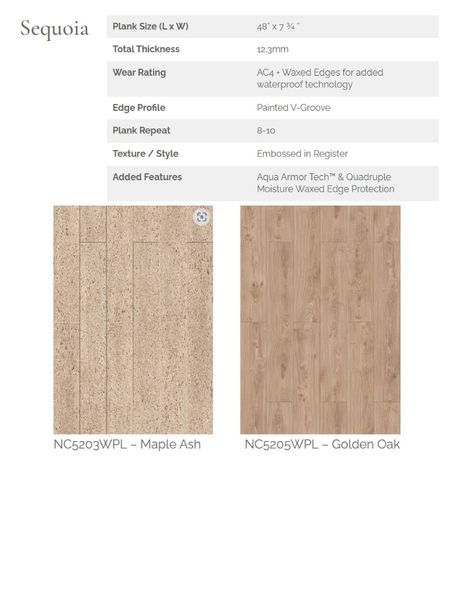 Information about Sequoia flooring: Maple Ash and Golden Oak wood patterns.