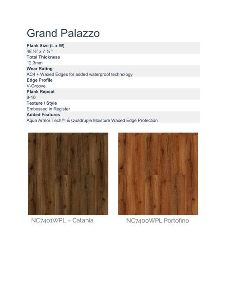 Product sheet for Grand Palazzo flooring, showing plank sizes, specifications, and two wood-grain color options.