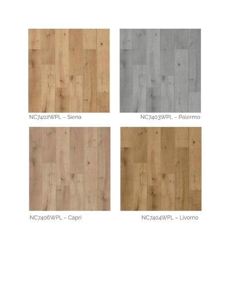 Four wood flooring samples in different light colors: Siena, Palermo, Capri, Livorno.