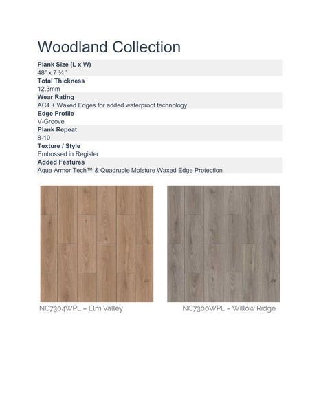 Product details for Woodland Collection flooring. Shows Elm Valley (brown) and Willow Ridge (gray) styles.