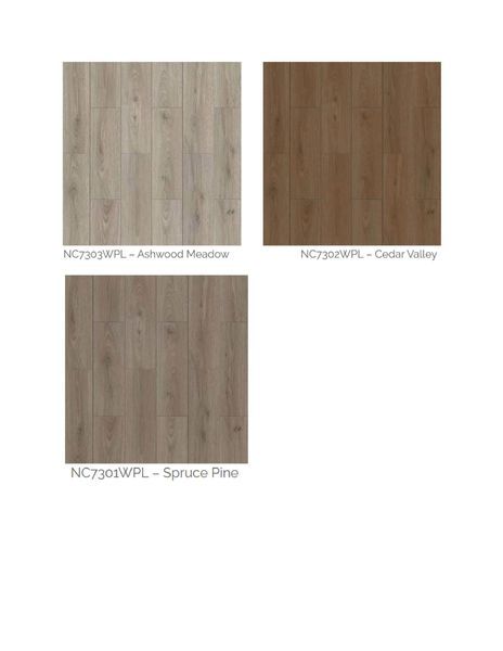 Three wood-look flooring samples: Ashwood Meadow (light), Cedar Valley (brown), and Spruce Pine (medium).