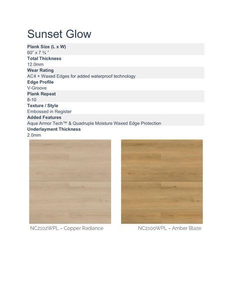 Product sheet for Sunset Glow flooring, with specifications and color samples (Copper Radiance, Wyber Shade).