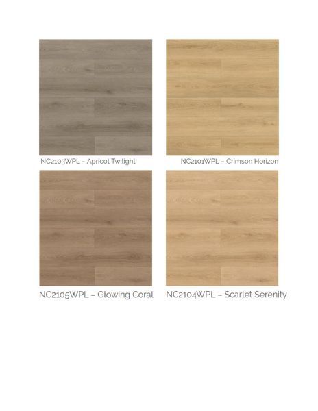 Four wood flooring samples: gray, light brown, reddish-brown, and tan, labeled with color names.