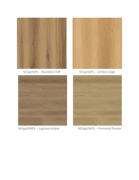 Four wood grain samples: Bamboo Buff, Limber Sage, Ageless Amber, and Barrenna Fawn.