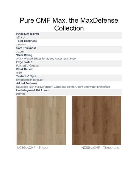 Product specifications for Pure CMF Max flooring, featuring two wood grain options, Ember and Timberbond.