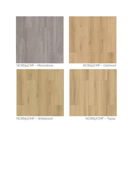 Four wood flooring samples in various light brown and gray shades.