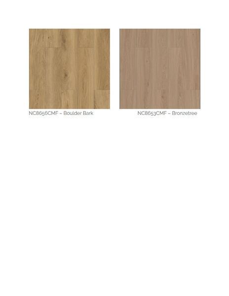 Two samples of wood flooring: Boulder Bark (light brown) and Bronzetone (beige).