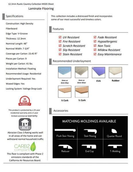 Specifications sheet for laminate flooring, featuring product details, features, recommended underlayment, and accessories.