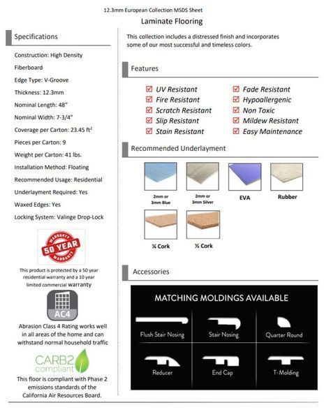 Laminate flooring specifications and features, including stain resistance, and recommended underlayment options.